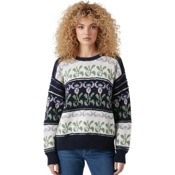 Sweaters - Vintage 80s Folk Floral Cotton Knit Sweater S